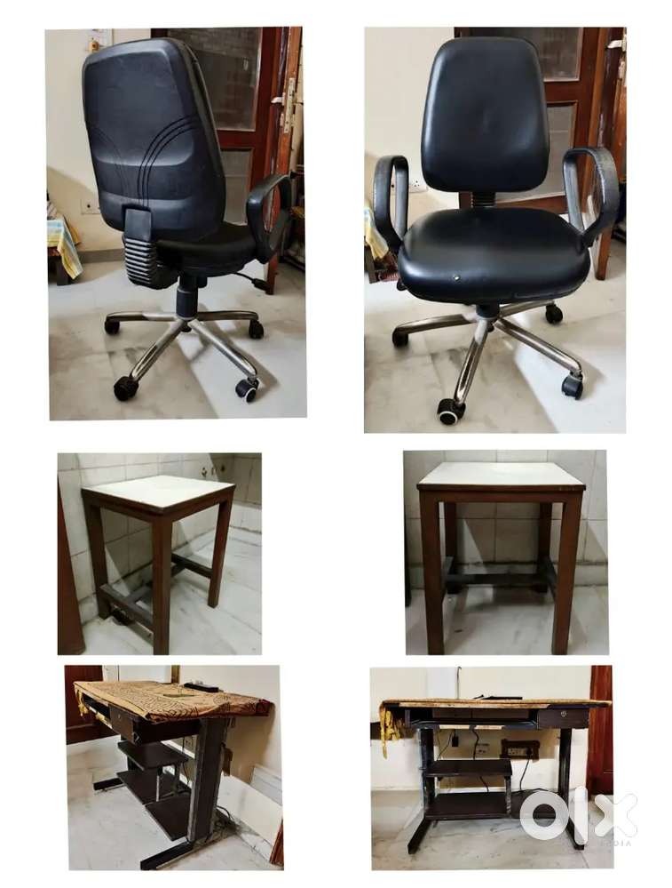 Computer table, revolving chair and wooden stool