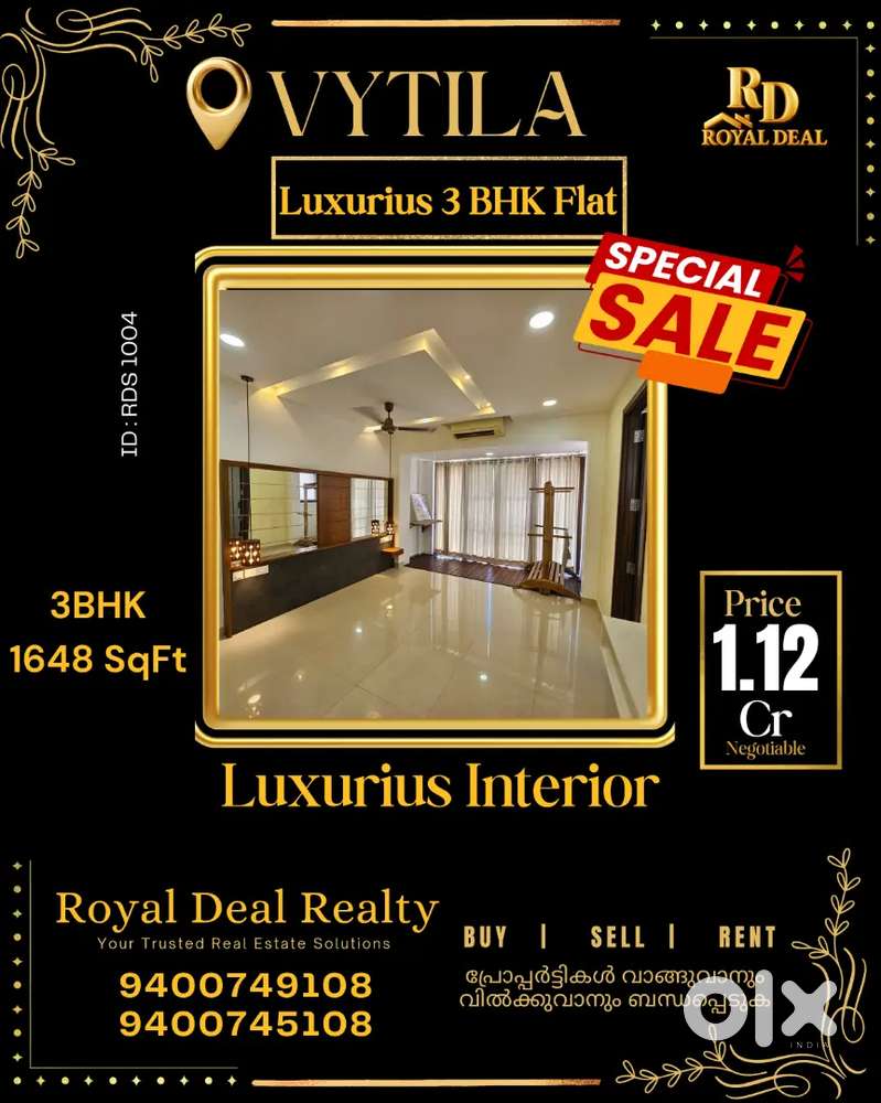 Emergency Sale Vytila 3Bhk Luxury Flat For Sale