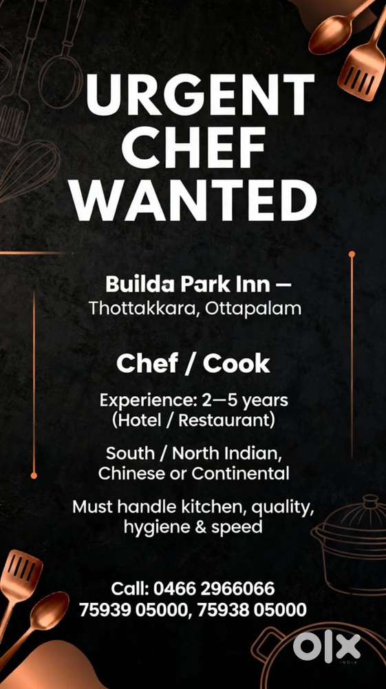 Urgent Requirement – Hotel Chef  Ottapalam