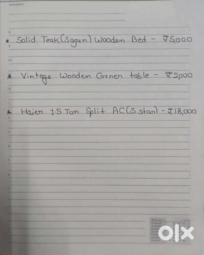 Teak wood Detachable Bed, Wood Corner TV Table, Haier 1.5 Ton Split AC