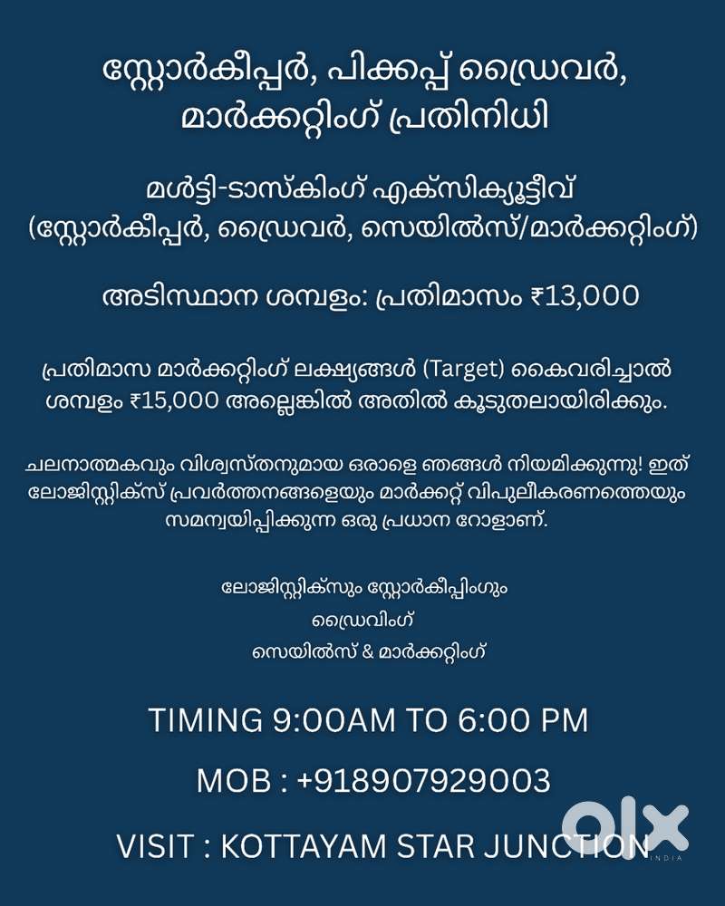 Multi-Tasking Executive (Storekeeper, Driver & Sales/Marketing)