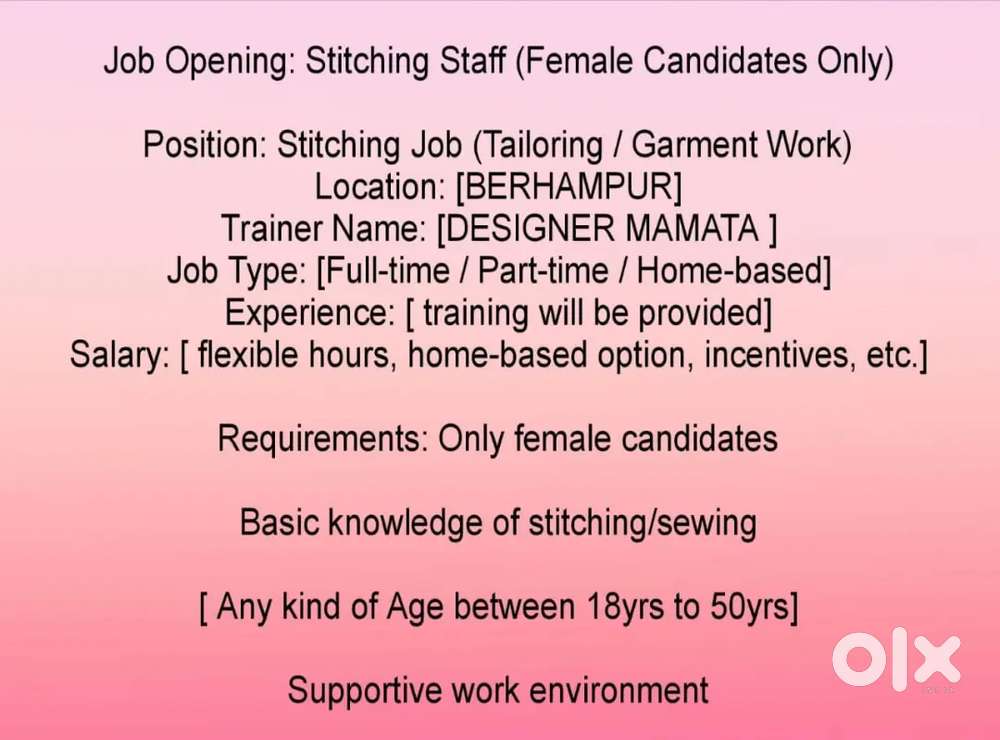 Stitching ke liye ladies chahiye