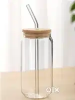 Wooden Lid - Ice juice Drink Glass Can Mug with steel straw