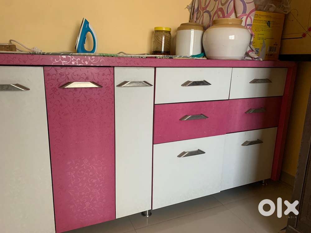 Modular Kitchen Storage Cabinet – Pink & White with Drawers