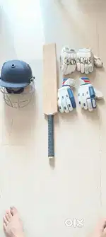 Cricket bat, helmet, 2 pair gloves used