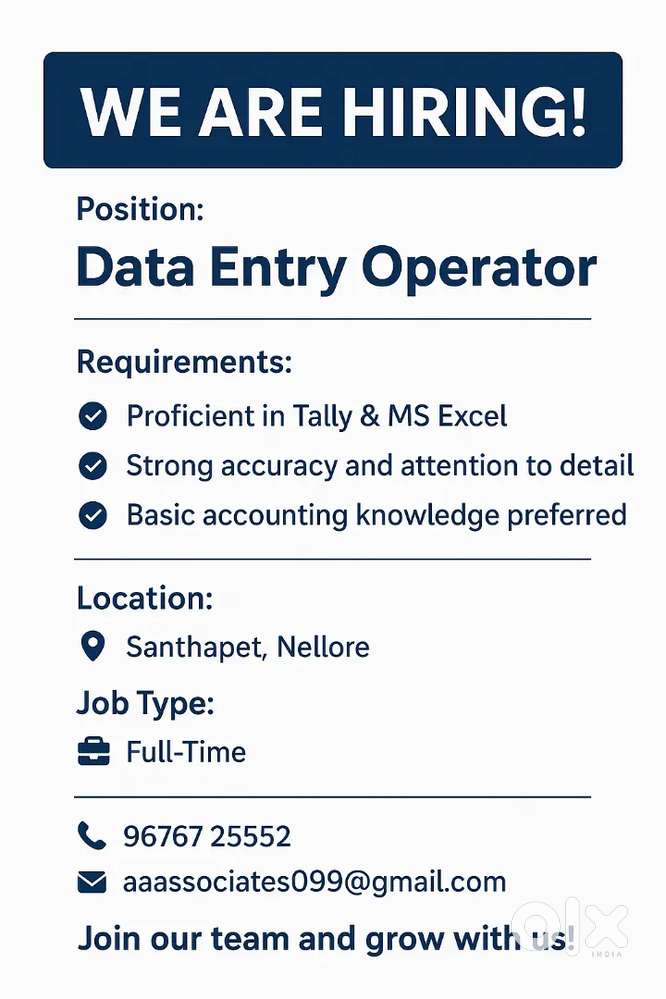 Data Entry Oprater - Proficient in Tally & MS Excel