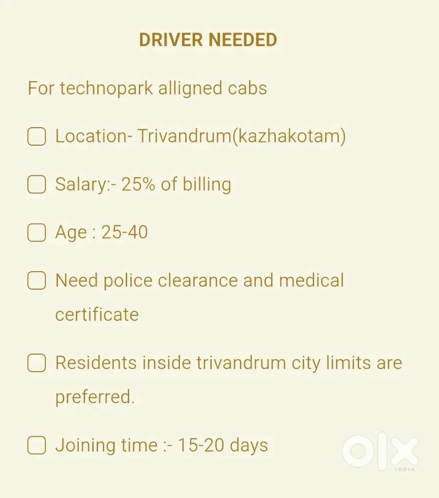 DRIVER NEED FOR CABS AT KAZHAKOTAM