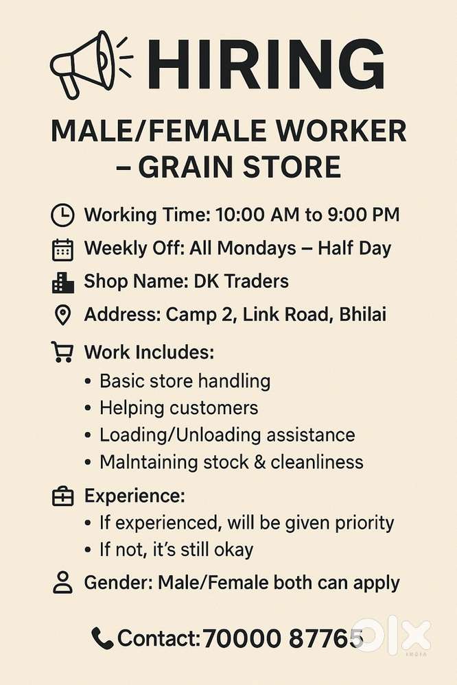  Hiring: Male/Female Worker – Grain Store