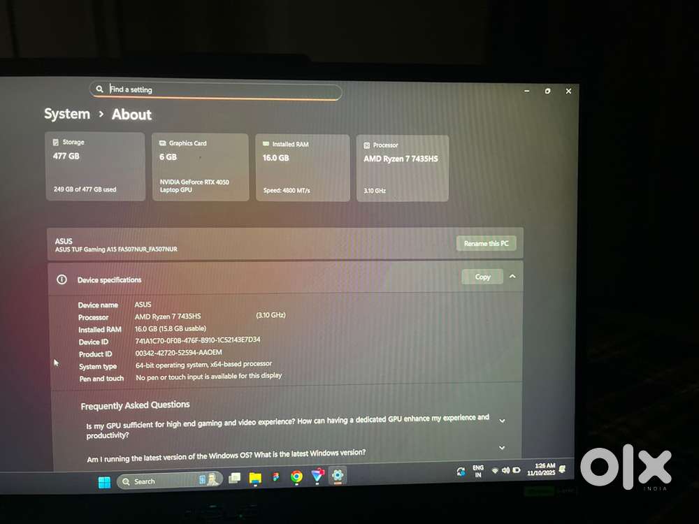 Asus laptop A15 till under warenty 25 december 2025