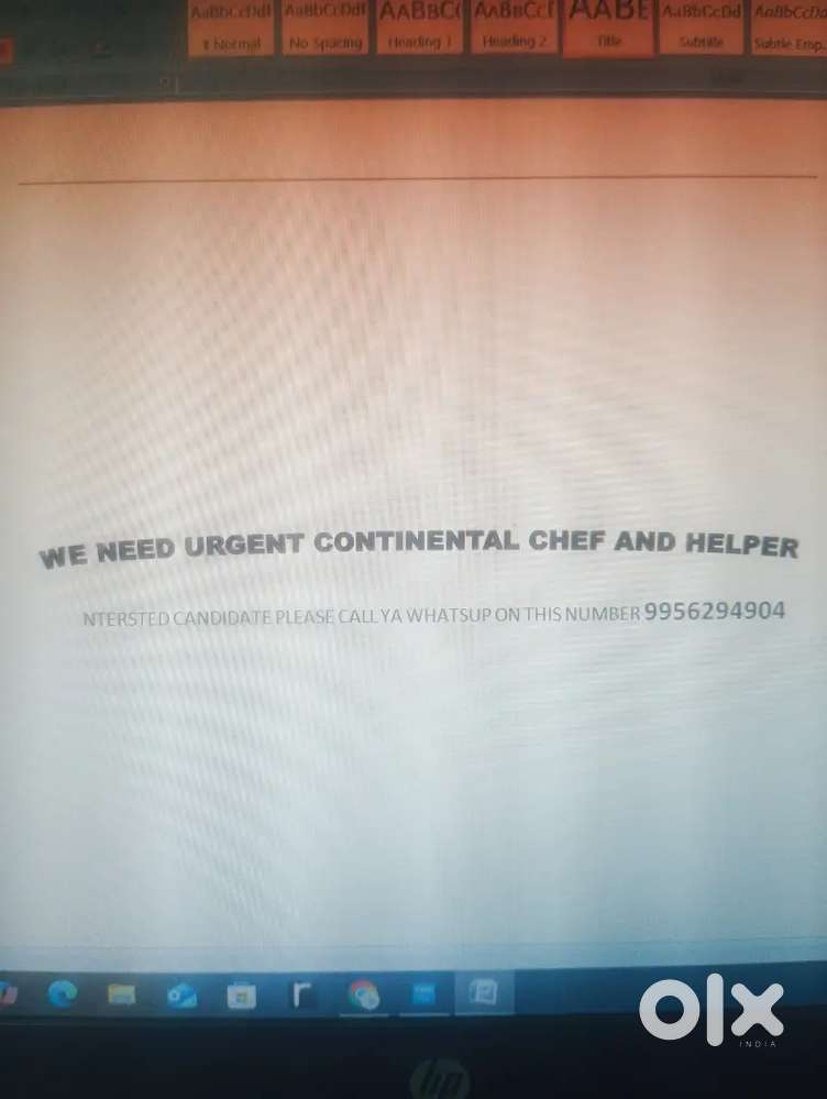 अवस्यकता  है कॉन्टिनेंटल शेफ और हेल्पर