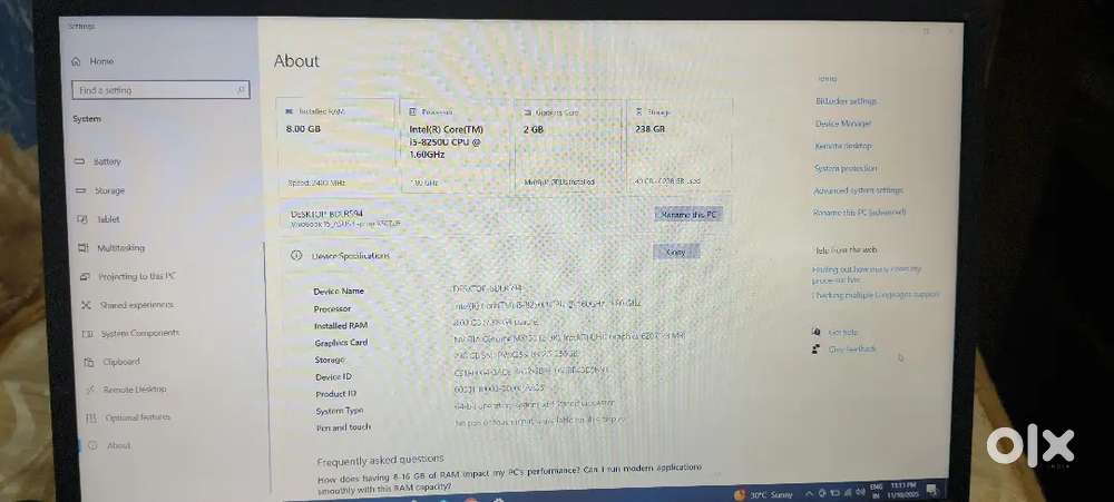 Asus Intel (R) core (TM) i5-8250 U cpu 1.60GHZ