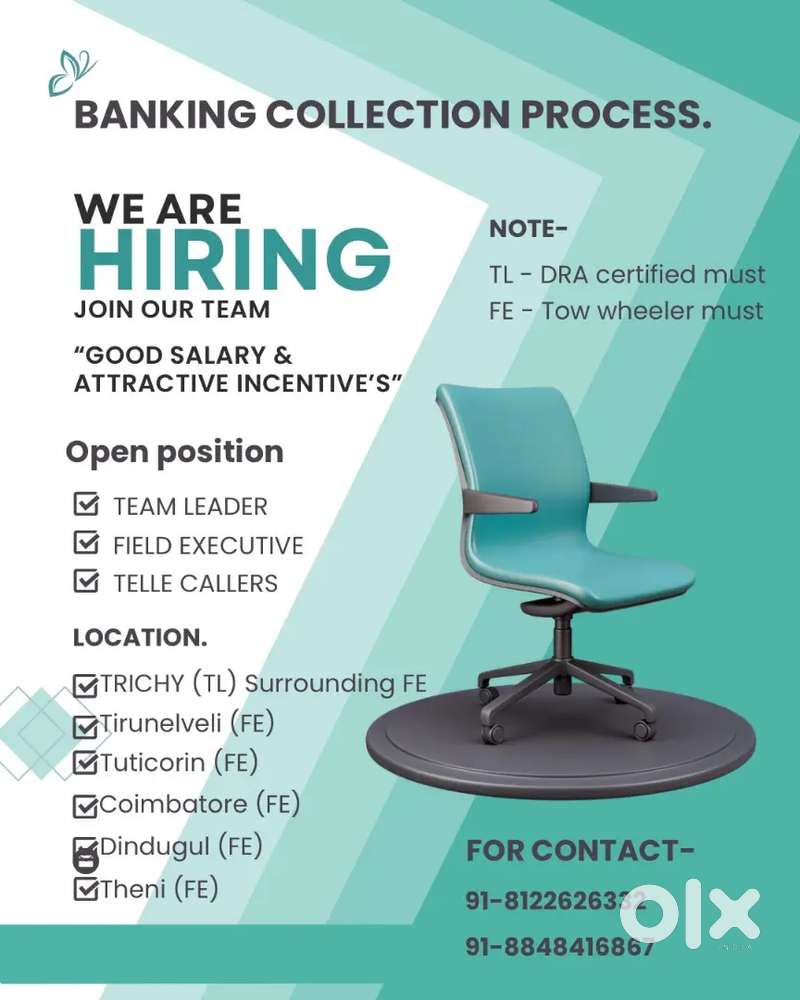 WANTED TEAM LEADER IN TRICHY LOCATION FOR BANKING COLLECTION PROCESS.