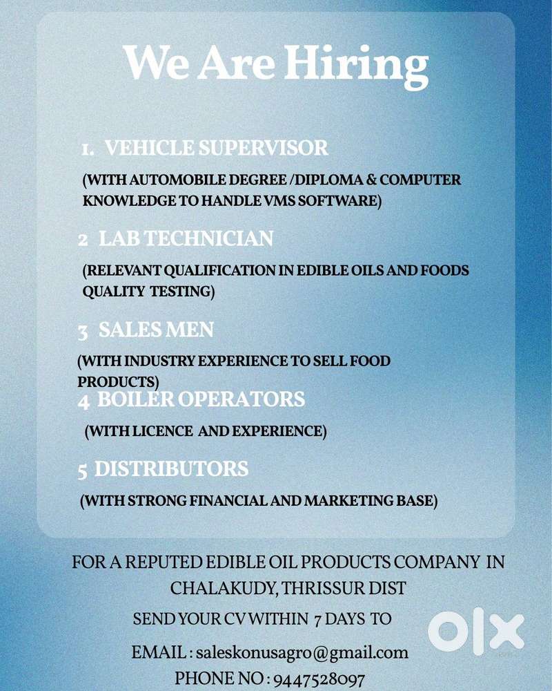 Hiring Vehicle Manager, lab technician, boiler operator, sales manager