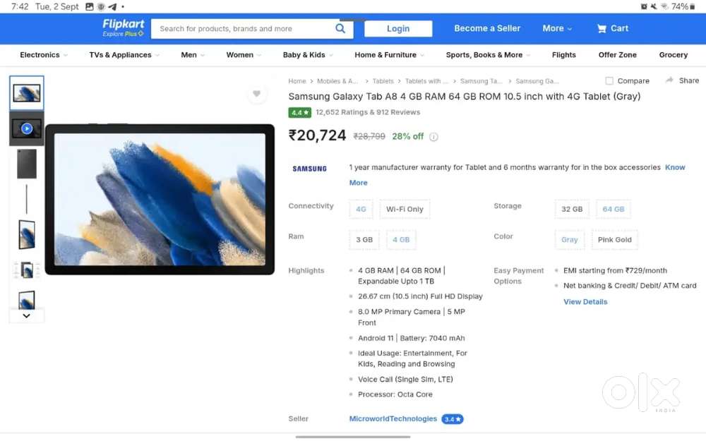Samsung Galaxy Tab A8 26.69cm (10.5 inch) Display, RAM 4 GB, ROM 64 GB