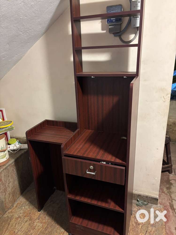 Wooden computer table with shelves and drawer
