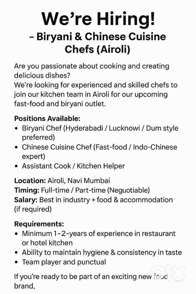 Join Our Kitchen Team – Biryani & Chinese Chefs Needed (Airoli)