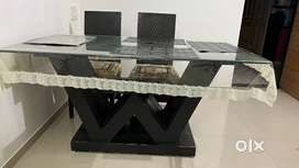 4-Seater Heavy & Sturdy Dining Table with Glass Top – Dark Wood Finish
