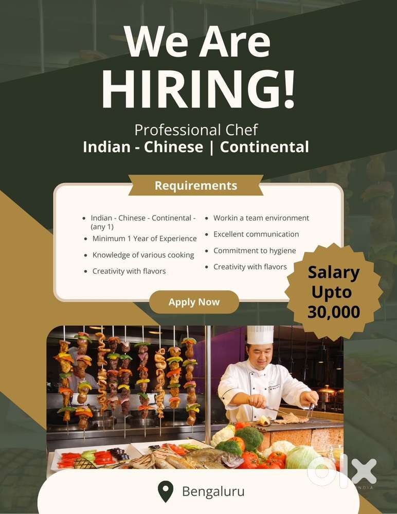 Professional Chef Needed in Bengaluru (Indian, Chinese & Continental)