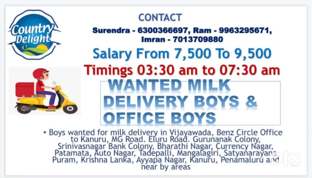 Wanted delivery boys & office boys for country delight