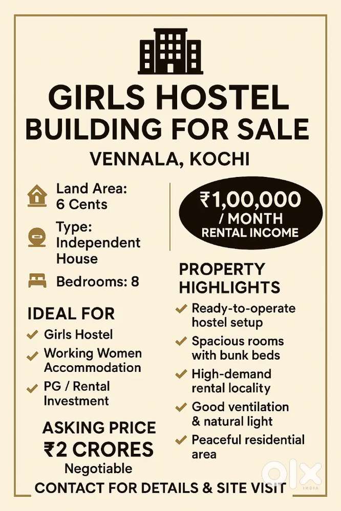 Girls Hostel Building For Sale at Vennala 1lac Rental Income