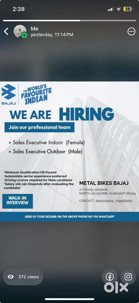 Urgent requirement for Sales Executive for renowned BAJAJ TW dealer