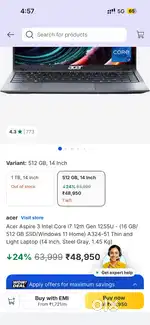 Asus laptop aspire 3 intel i7 12gen
