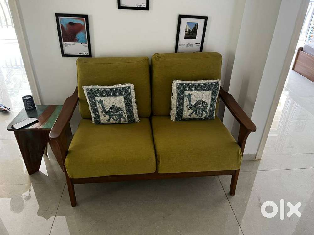 2 Seater Sofa in Green Colour with Brown Oak Finish