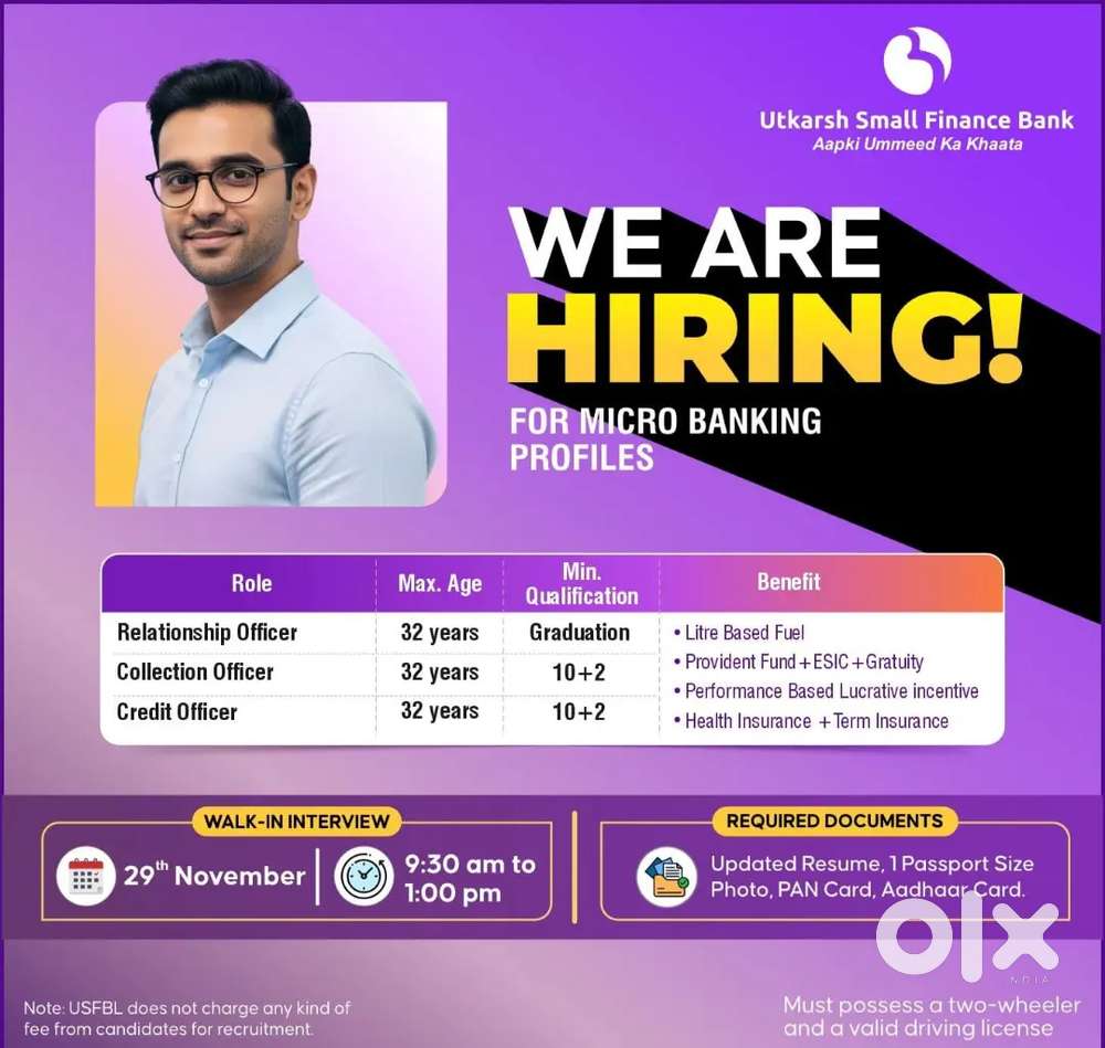 आपका इंटरव्यू TCO/CO/TRO/RO पद के लिए Utkarsh Small Finance bank me h