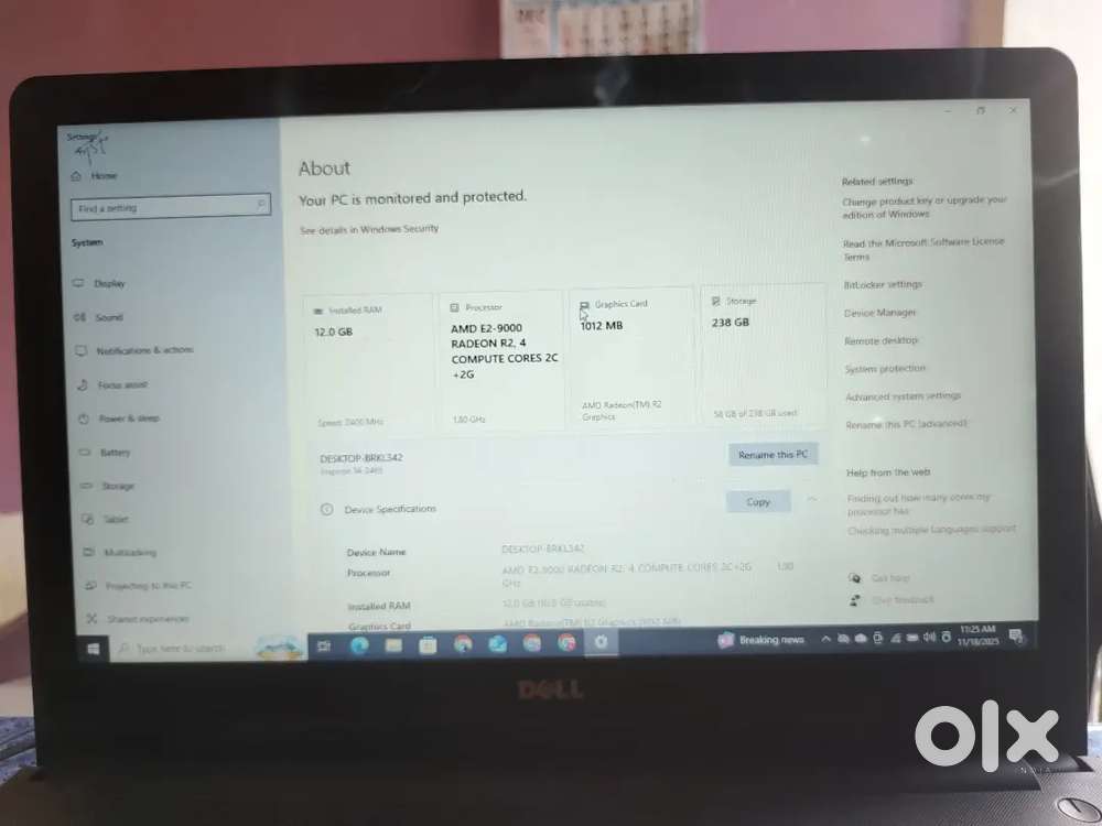 Dell leptop 7th generation 12 gb ram 250gb rom