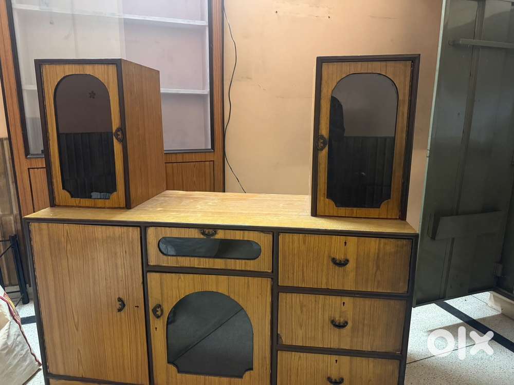 Vintage Wooden Storage Cabinet with Glass Doors & Drawers