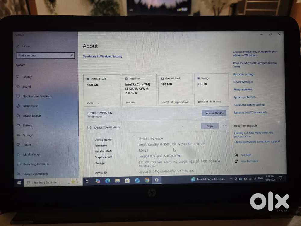 HP Laptop i3 5 Generation 8GB Ram 256 ssd 1TB hardisk
