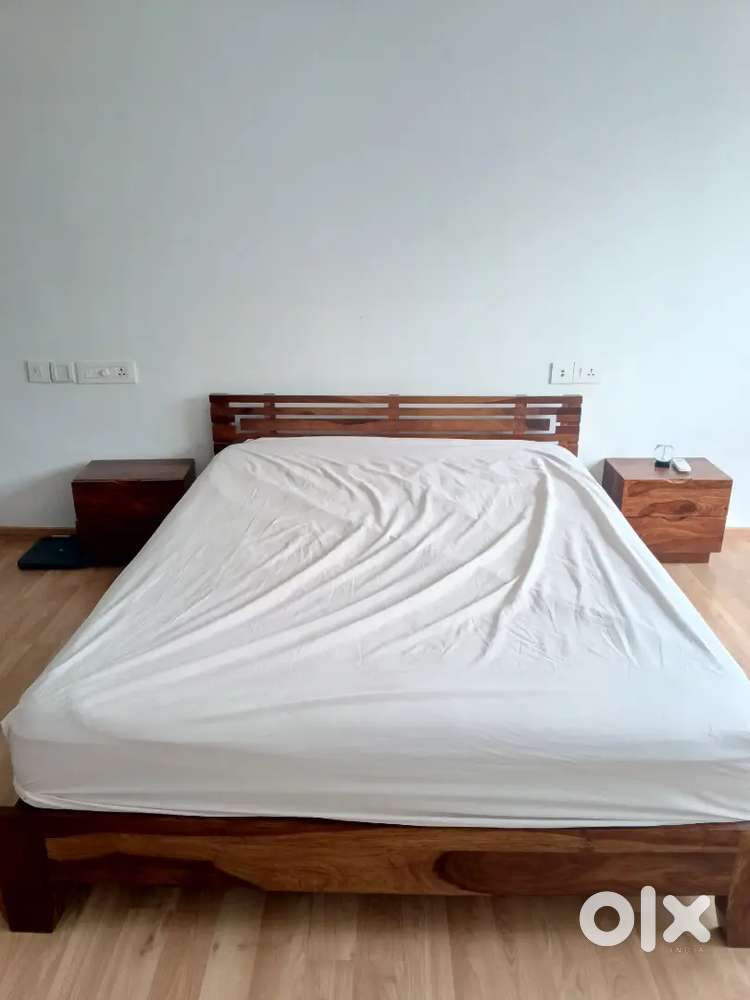 Shesham wood cot + two side tables +duroflex mattress