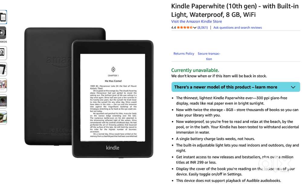 Kindle Paperwhite 10th Gen –Waterproof, 8GB, WiFi Excellent Condition