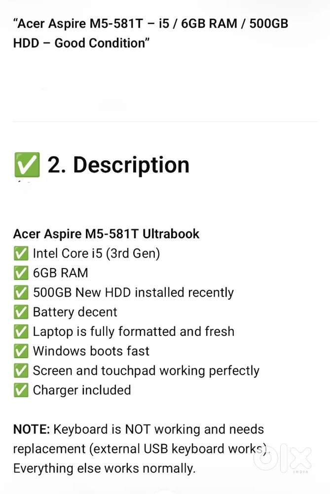 Acer Aspire M5-581T -i5 /6GB RAM/500GB
HDD - Good Condition