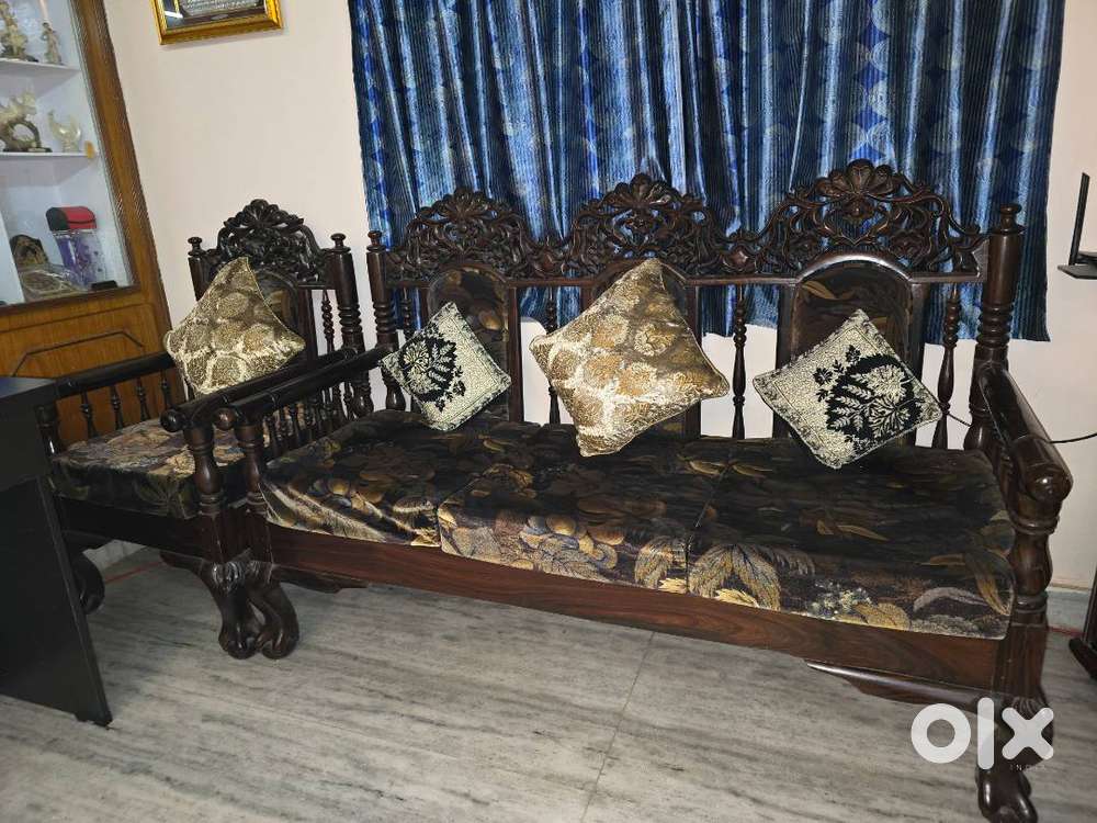 Ethnic Rosewood Sofa Set with Cushions (1 sofa + 2 chairs + 6 pillows)