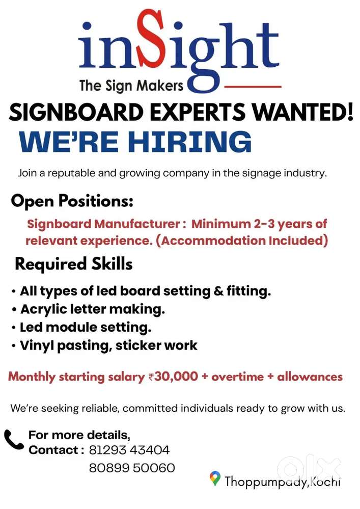 Technician / Manufacturer wanted for
SIGNBOARD/SIGNAGE company.