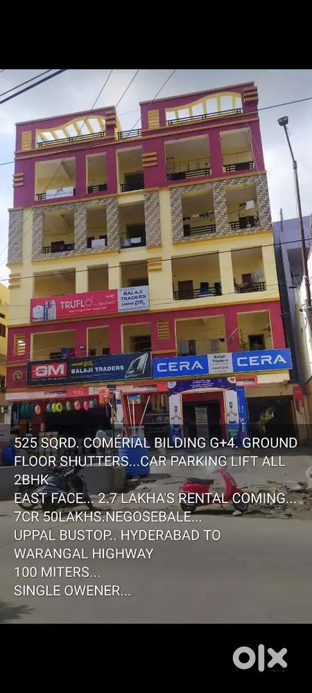 525Yds,2.7 lakh rent,G+4,Near Uppal bustop,100m 2 WGL higway,4 shutter
