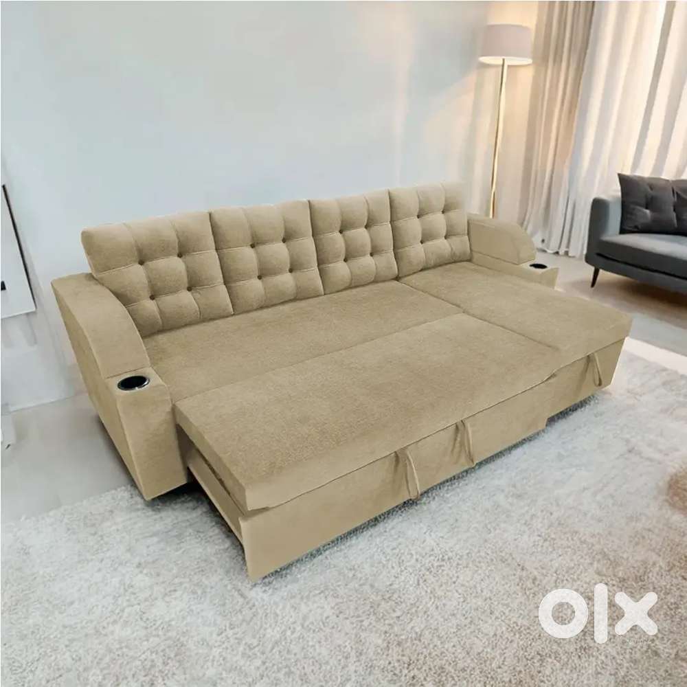 Cream Colour l shape sofa cum bed Fabric Premium Fabric Sofa Set