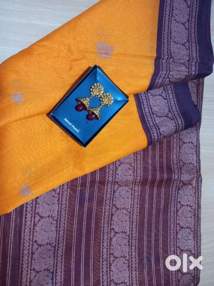 Women New Mustard Orange Cotton Saree with Blouse Attached, 5.96m.