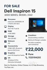 Dell Inspiron 15 (i3, 4GB RAM, 500GB SSD) – Good Condition.