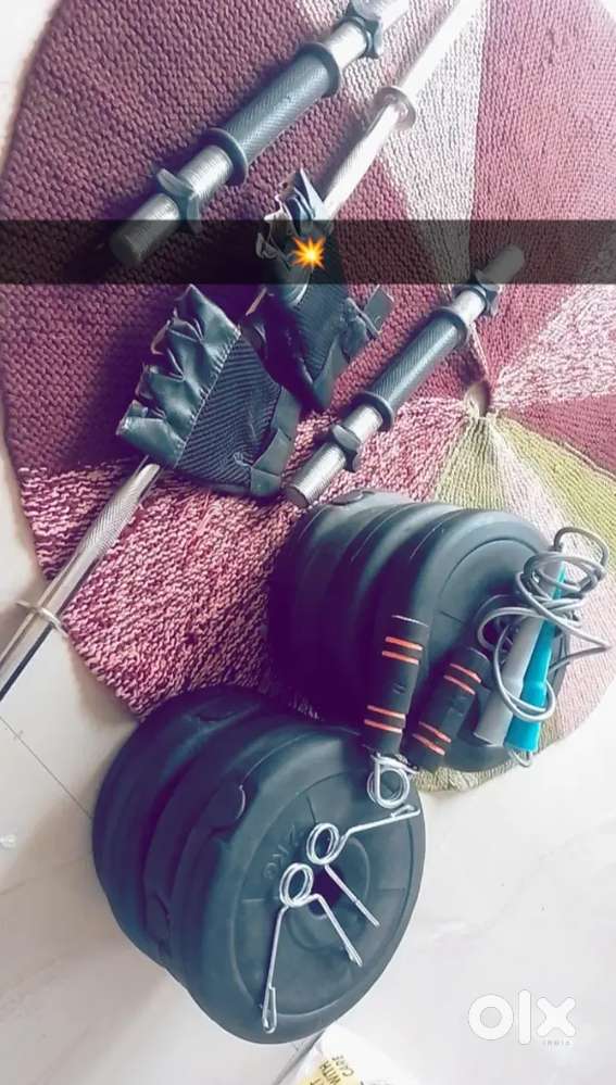 Gym equipments and bench.