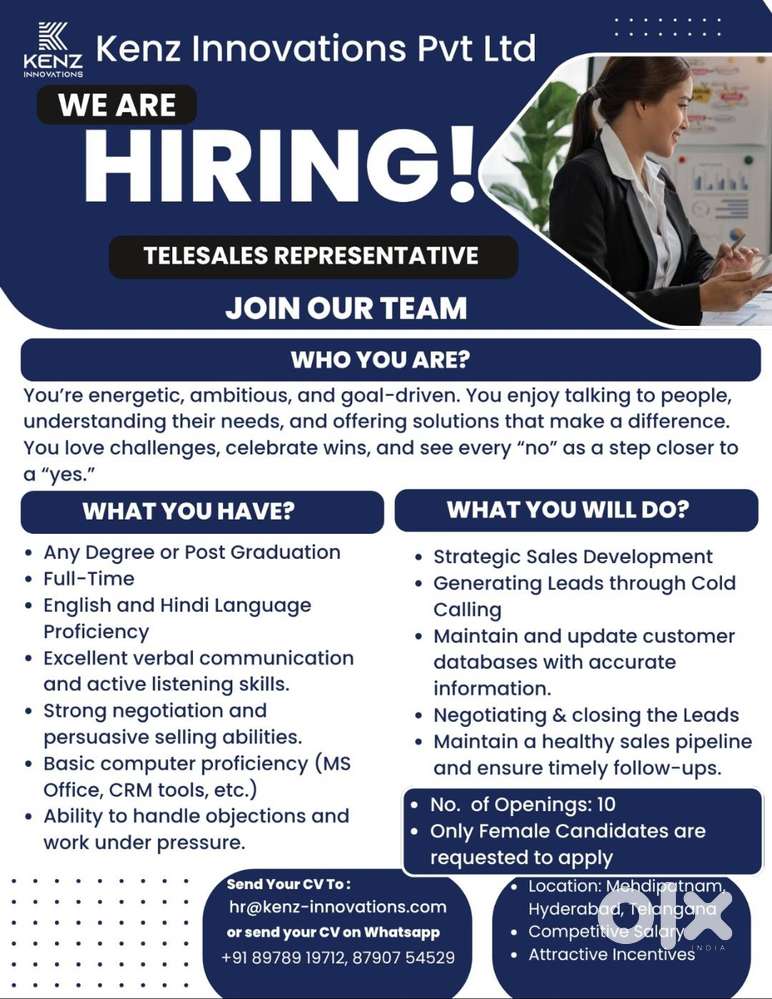 Any Fresher or Experienced required [ONLY FEMALE'S]