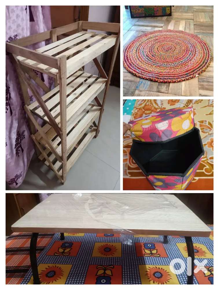 4 Items - Round Table, Shoe Rack, Folding Table, Pink Mudda, Carpet