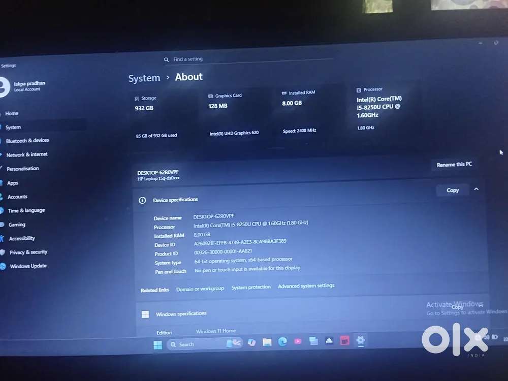 Hp laptop Intel core i5 8 generation 8gb ram