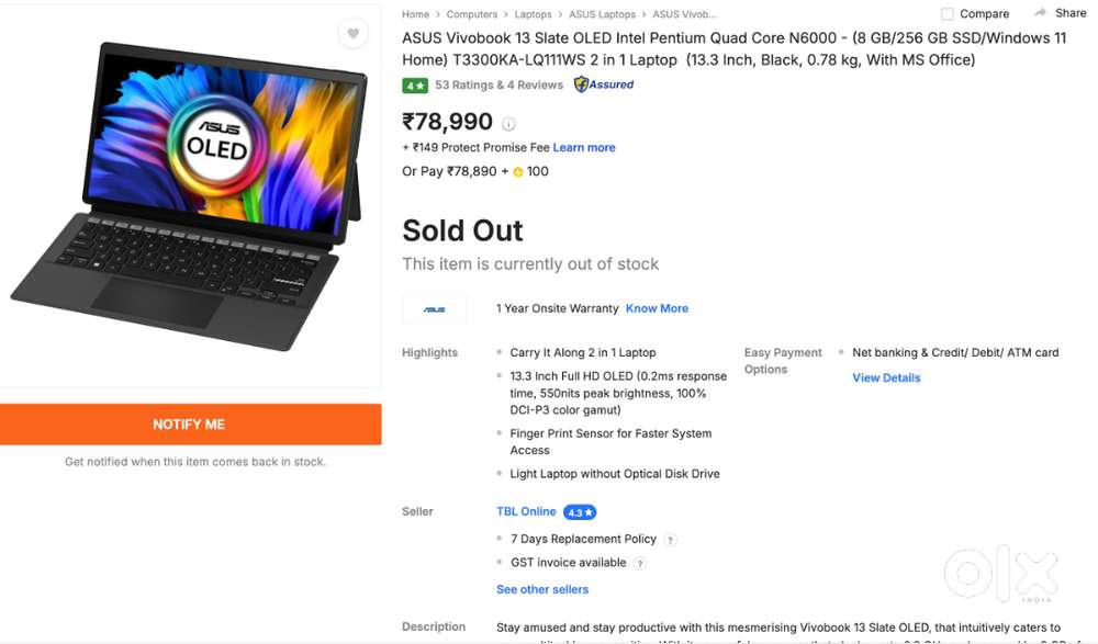 Asus Vivobook Slate OLED 13.3 inch Surface Pro iPad Tablet Laptop 8GB