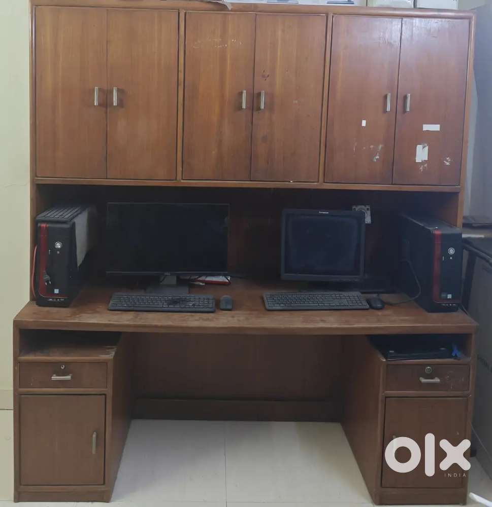 Sturdy Wooden Study Table with Upper Cabinets & Storage Drawers