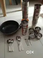 Kitchen utensils -( kadai, glass, kattori ,spoon,  fork)
