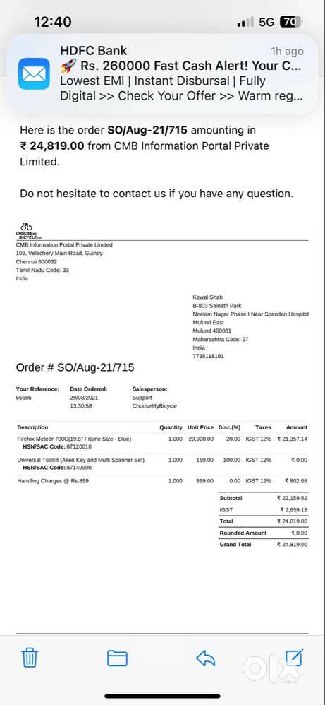 Bicycle for everyday morning ride with Toolkit & Helmet