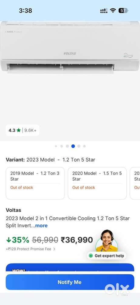 Voltas ac 1.2 ton 5 star 3 years old