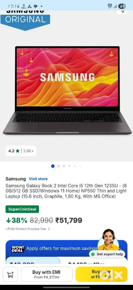 Samsuna Galaxy Book 2 Intel Core i5 12th Gen 1235U - (8 GB/512 GB SSD